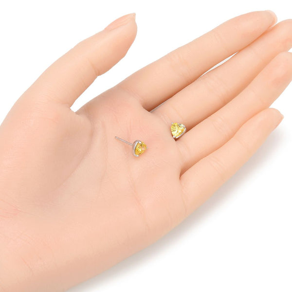 1 Pair 925 Sterling Silver November Love Heart Birthstone Stud Earrings, 6mm/0.84 Carat Cubic Zirconia CZ Yellow Topaz Stone, SSE79-11
