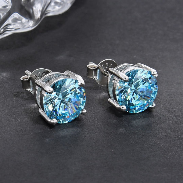 1 Pair 925 Sterling Silver March Birthstone Round Cut Stud Earrings, 6mm/0.84 Carat Cubic Zirconia CZ Blue Aquamarine Stone, SSE48-3