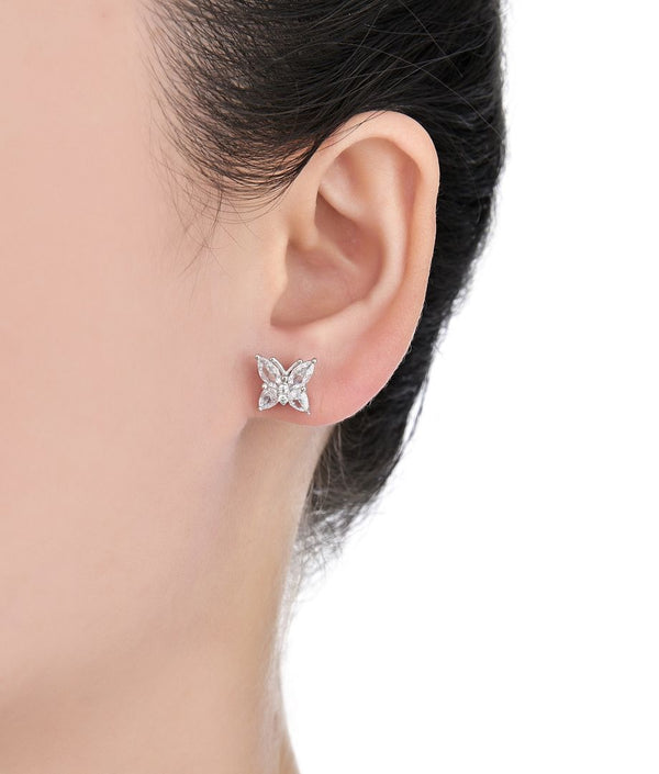 1 Pair 925 Sterling Silver April Birthstone Butterfly Stud Earrings, 10mm, Cubic Zirconia CZ Clear Diamond Stone, SSE83-4