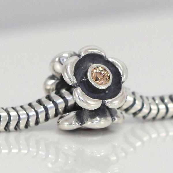 1pc Real 925 Sterling Silver Cute Flower Bead Charm Yellow Cubic Zirconia CZ Gemstone, Compatible with Pandora All Other Charm Bracelet, EC6-B7