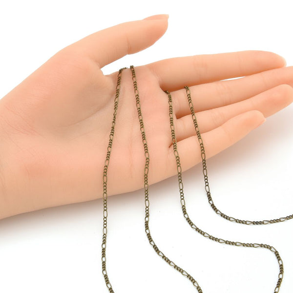 33 Feet Diamond Cut Figaro Chain Link, Unfinished, Antique Bronze Plated Copper, Chain Width Selections: 2mm/2.6mm