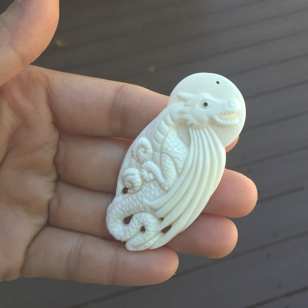 1pc Beautiful Dragon-Chasing-Sun Hand Carved White Buffalo Bone Drop Pendant, Symbol of Strength Prosperity Pendant, with Sterling Silver Bail, 2.52 Inch, BP-58