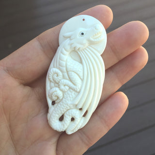 1pc Beautiful Dragon-Chasing-Sun Hand Carved White Buffalo Bone Drop Pendant, Symbol of Strength Prosperity Pendant, with Sterling Silver Bail, 2.52 Inch, BP-58