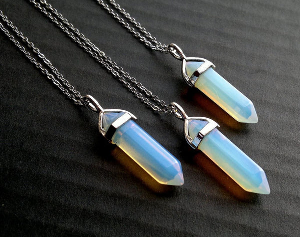 1pc Lab Created White Opal Gemstone Pendant Necklace, 18 Inch Surgical Stainless Steel Chain, GGP-C7