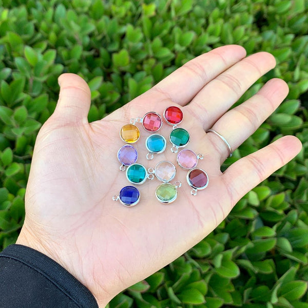 1 Set/12pcs Grade A Mixed Dangle Birthstone Charm Drops, Sterling Silver Plated Brass, Size Selections: 6mm/8mm/10mm