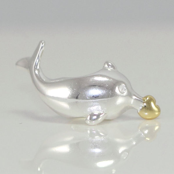 1pc Cute Real Solid Sterling Silver Charm Dolphin with Golden Heart Bead, Compatible with Pandora All Other Charm Bracelets, EC371