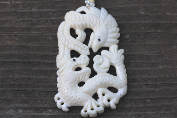1pc Beautiful Sacred Dragon & Phoenix Hand Carved White Buffalo Bone Drop Pendant, Symbol of Strength Prosperity Pendant, with Sterling Silver Bail, 2.1 Inch, BP-59