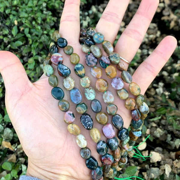 Natural Ocean Jasper Gemstone Oval Tumbled Pebble Beads, Irregular, 7mm to 10mm, Hole ID 1mm, 15 Inch/1 Strand, GZ12-41