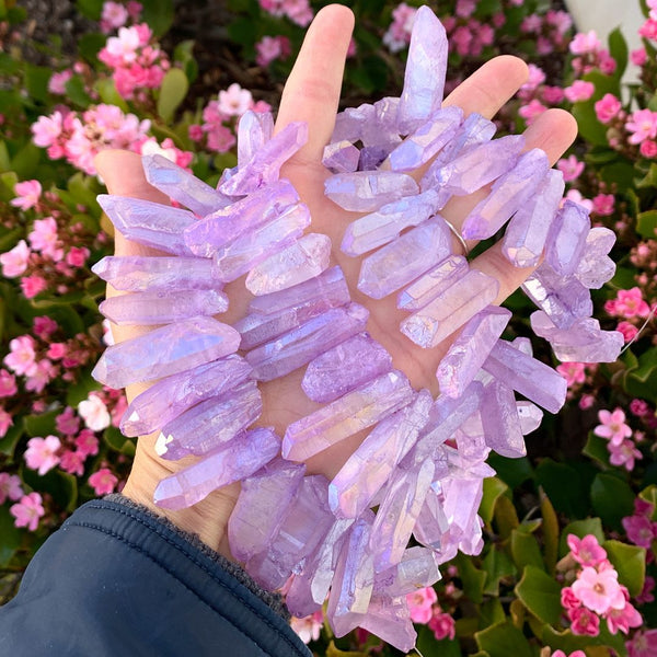 1 Strand Natural Raw Crystal Quartz Gemstone Beads, Large Drilled Stone Points, Violet Tanzanite AB Titanium Coated Gem Stick, 15 Inch, GA-E9