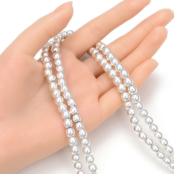 Grade A Natural Hematite Gemstone Large Hole Round Beads, Silver Plated, 15 Inch/1 Strand, 6mm, Hole ID 2.4mm, GFC-M6