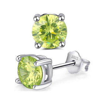 1 Pair 925 Sterling Silver August Green Birthstone Round Cut Stud Earrings, 8mm/2 Carat Cubic Zirconia CZ Created Green Peridot Stone, SSE49-8