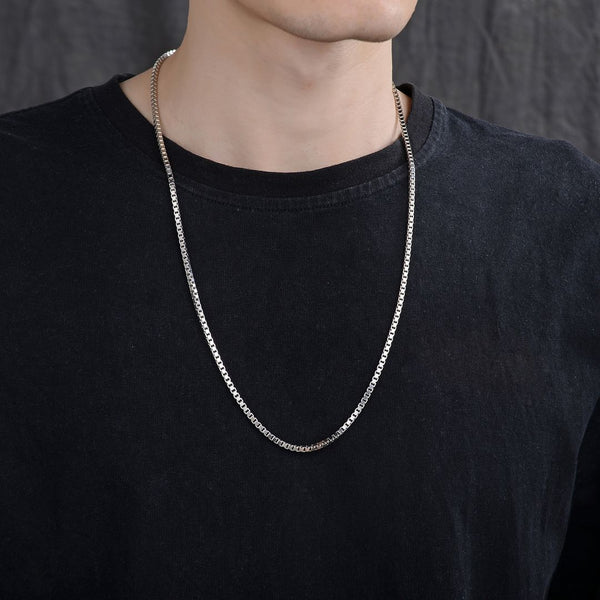 1pc 925 Sterling Silver Box Link Chain Necklace, Tarnish Resistant Rhodium Plated, 3mm, Large Thick Strong, Length Selections: 16/18/20/26/28 inch