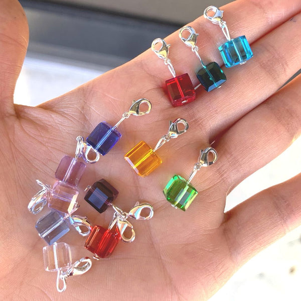 1 Set/12pcs Mixed Clip On Dangle Birthstone Charm Drops, 8mm Cube Crystal Beads, Sterling Silver Plated Clasps, BL5
