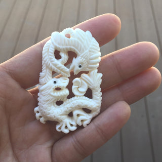 1pc Beautiful Sacred Dragon & Phoenix Hand Carved White Buffalo Bone Drop Pendant, Symbol of Strength Prosperity Pendant, with Sterling Silver Bail, 2.1 Inch, BP-59