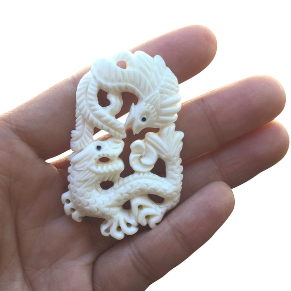 1pc Beautiful Sacred Dragon & Phoenix Hand Carved White Buffalo Bone Drop Pendant, Symbol of Strength Prosperity Pendant, with Sterling Silver Bail, 2.1 Inch, BP-59