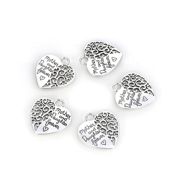 20pcs Mother Daughter Forever Heart Charms, 29mm Large Double Sided Heart Drop Pendants, Antique Silver, MC-D8