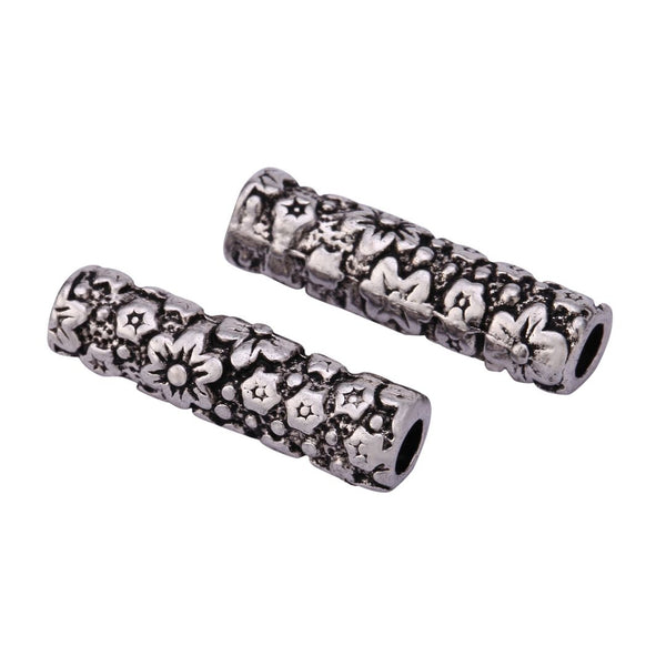 50pcs Large Hole Flower Pattern Tube Beads, Antique Silver, 20mm, Hole ID 3mm, MC-T5