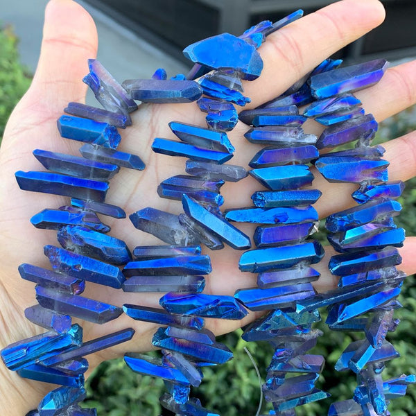 1 Strand Natural Raw Crystal Quartz Gemstone Beads, Small Drilled Stone Points, Sapphire Blue AB Titanium Coated Stone Stick, 15 Inch, GA4