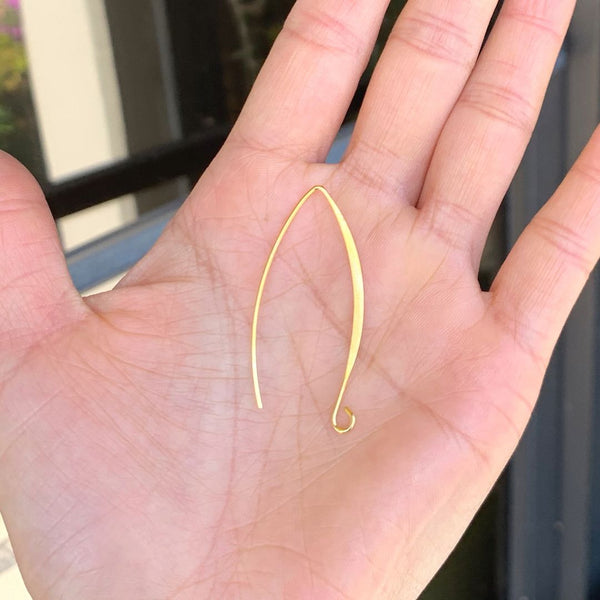 50pcs Flat Marquise Earring Hooks, 18K Yellow Gold Plated Brass, 45mm Long, Wire Gauge Selections: 0.7mm/21 Gauge or 0.9mm/19 Gauge