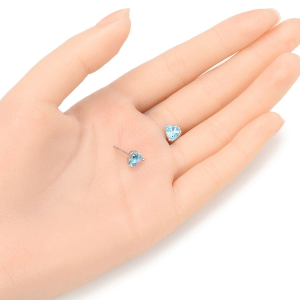 1 Pair 925 Sterling Silver March Love Heart Birthstone Stud Earrings, 6mm/0.84 Carat Cubic Zirconia CZ Blue Aquamarine Stone, SSE79-3