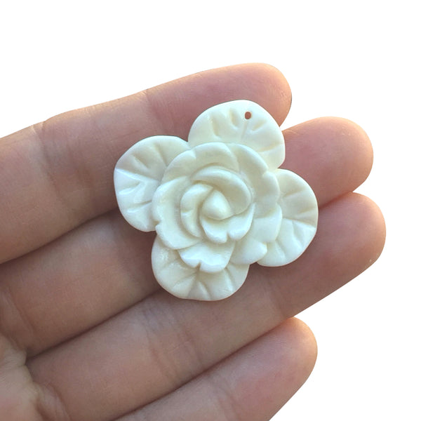 1pc Beautiful Lovely Flower Hand Carved White Buffalo Bone Drop Pendant, Symbol of Strength Prosperity Pendant, with Sterling Silver Bail, 1.38 Inch, BP-5