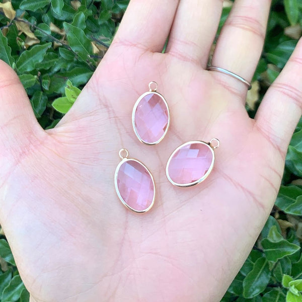 10pcs Grade A October Pink Oval Birthstone Charm Drops, 18K Yellow Gold Plated Brass, 18x13mm, CCP6-G10