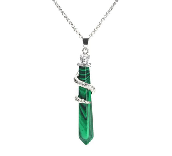 1pc Lab Created Green Malachite Hexagonal Pile Gemstone Pendant Necklace, 18 Inch Surgical Stainless Steel Chain, GGP-D3