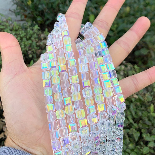 100pcs Creative Club Faceted Cube Crystal Glass Beads, Crystal AB, 8mm, Hole ID 1mm, CCC802