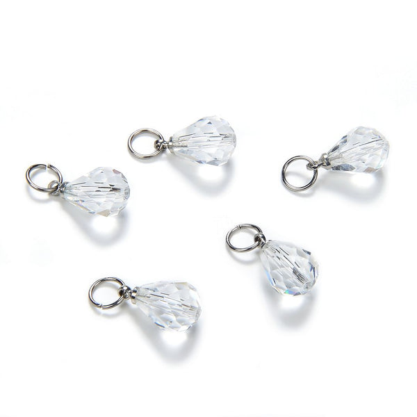 5pcs April Clear Birthstone Charm Drops, 10mm Austrian Teardrop Crystal Beads, Sterling Silver Plated Open Jump Rings, BR6-4