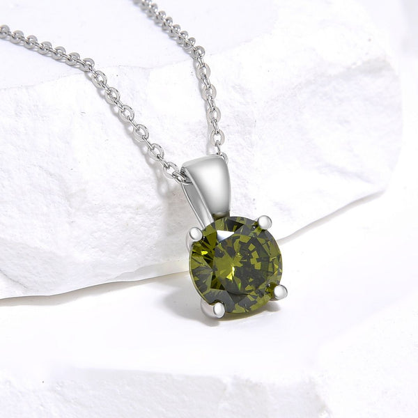 925 Sterling Silver August Birthstone Solitaire Necklace, 8mm/2 Carat Green Peridot Cubic Zirconia CZ, Length Selections: 16 inch/18 inch
