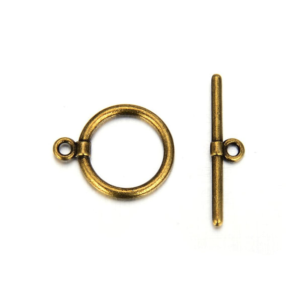 10 Sets Round Toggle Clasps, T-Bar Closure, Antique Bronze Plated Brass, 14mm, CF181-4