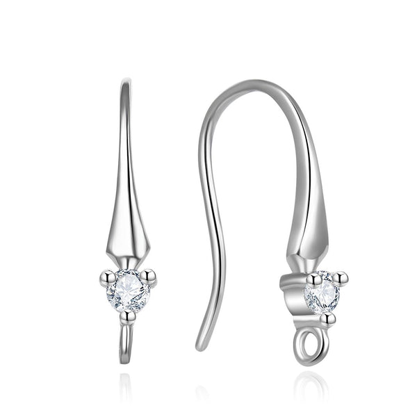 4pcs 925 Sterling Silver Fancy Earring Hooks, 2.5mm Cubic Zirconia CZ, Tarnish Resistant Rhodium Plated, 17mm, SS454
