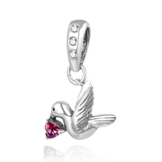 1pc 925 Sterling Silver Bird Charm, Freedom Lover July Birthstone Charm Drop, Red Ruby Cubic Zirconia CZ, 20mm Long, Hole ID 4.5mm, EC1-D7
