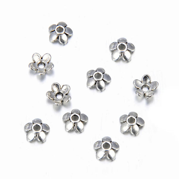 200pcs 5-Petal Flower Bead Caps, 6mm Small Bead End Caps, Antique Silver, MC-AB12