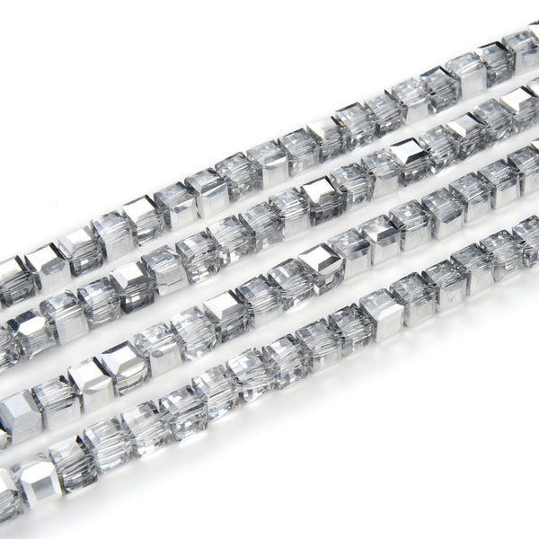 100pcs Creative Club Faceted Cube Crystal Glass Beads, Silver Shade, 6mm, Hole ID 1mm, CCC632