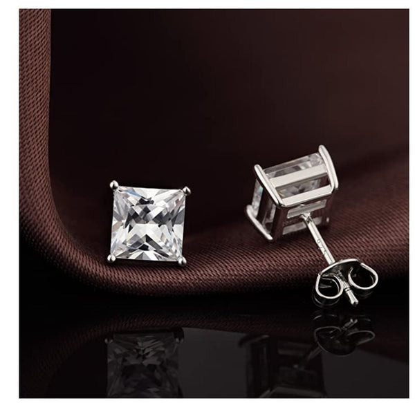 1 Pair 925 Sterling Silver Square Princess Stud Earrings, 8mm/2 Carat Cubic Zirconia CZ Diamond, SSE84-8