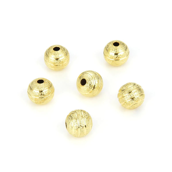 100pcs Sparkle Corrugated Ribbon Pattern Round Beads, 18K Yellow Gold Plated Brass, Size Selections: 6mm/8mm/10mm