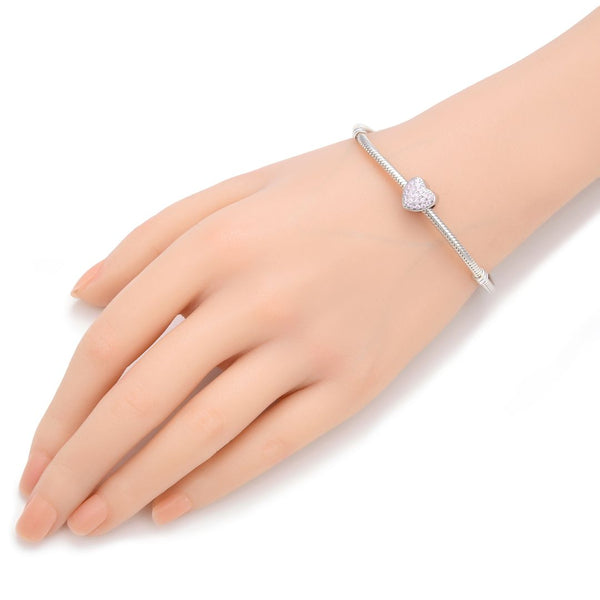 1pc 925 Sterling Silver Love Heart October Birthstone Bead Charm, Pink Tourmaline Cubic Zirconia CZ, 10mm, Hole ID 4.5mm, EC1-L10