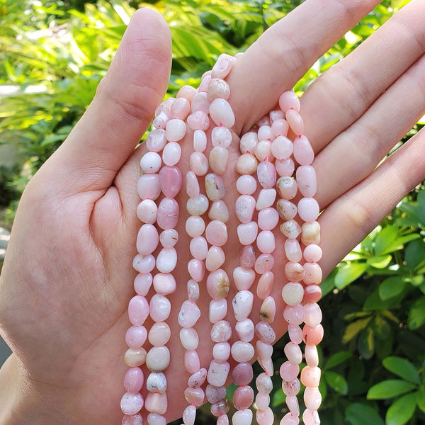 Natural Pink Opal Gemstone Oval Tumbled Pebble Beads, Irregular, 6mm to 8mm, Hole ID 1mm, 15 Inch/1 Strand, GZ11-4
