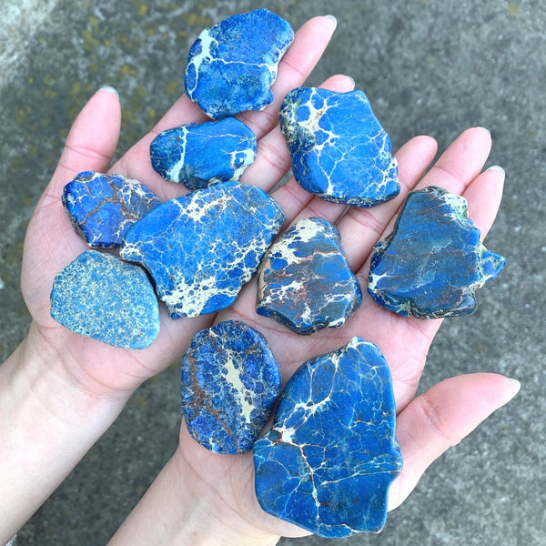 5pcs Natural Grade A Lapis Blue Impression Aqua Terra Jasper Beads, Large Flat Slab Gemstone Beads, Smooth Free Form, 15-45mm, Hole ID 1mm, GX9