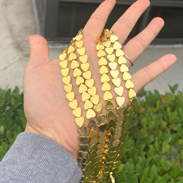 Grade A Natural Hematite Gemstone Heart Beads, Gold Plated, 15 Inch/1 Strand, 8mm, Hole ID 1mm, GFC-F3