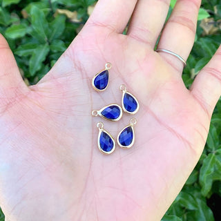 10pcs Grade A September Sapphire Blue Teardrop Birthstone Charm Drop, 18K Yellow Gold Plated Brass, Size Selections: 11x7mm, 14x8mm, 16x9mm