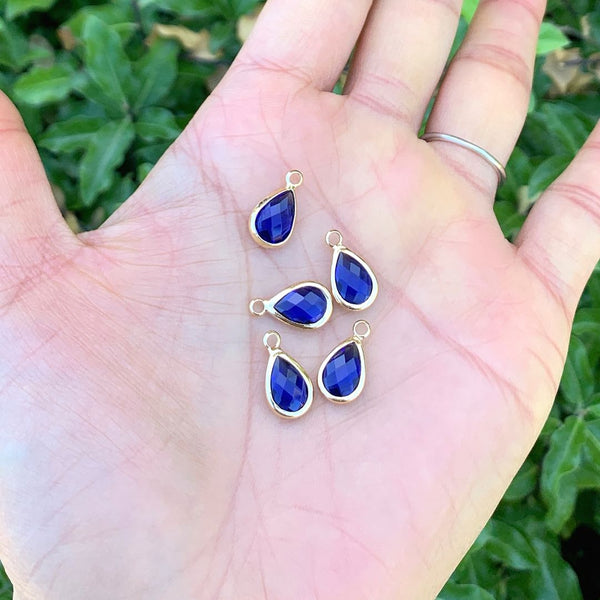 10pcs Grade A September Sapphire Blue Teardrop Birthstone Charm Drop, 18K Yellow Gold Plated Brass, Size Selections: 11x7mm, 14x8mm, 16x9mm
