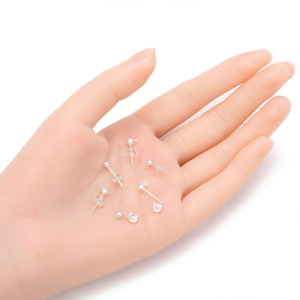 40pcs Ball Earring Posts, Closed Ring, with 40pcs Earring Backs, Sterling Silver Plated Brass, Ball Size Selections: 3mm/3.5mm/4mm/5mm