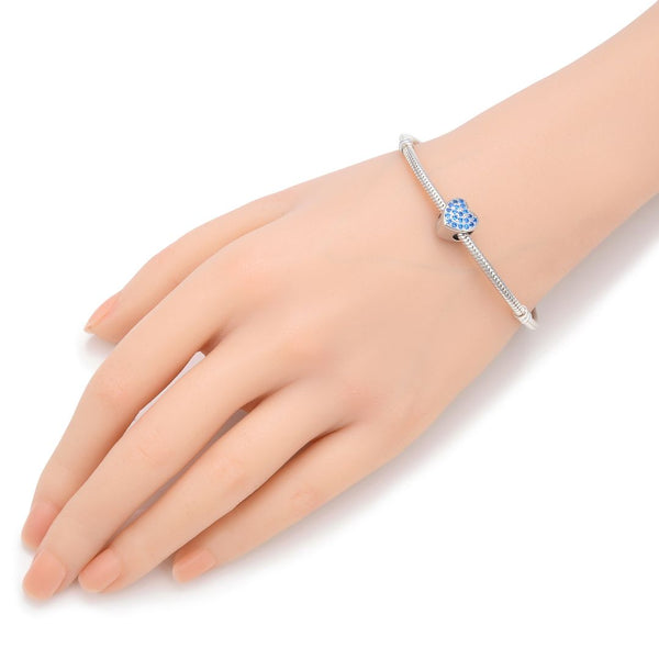 1pc 925 Sterling Silver Love Heart December Birthstone Bead Charm, Blue Zircon Cubic Zirconia CZ, 10mm, Hole ID 4.5mm, EC1-L12