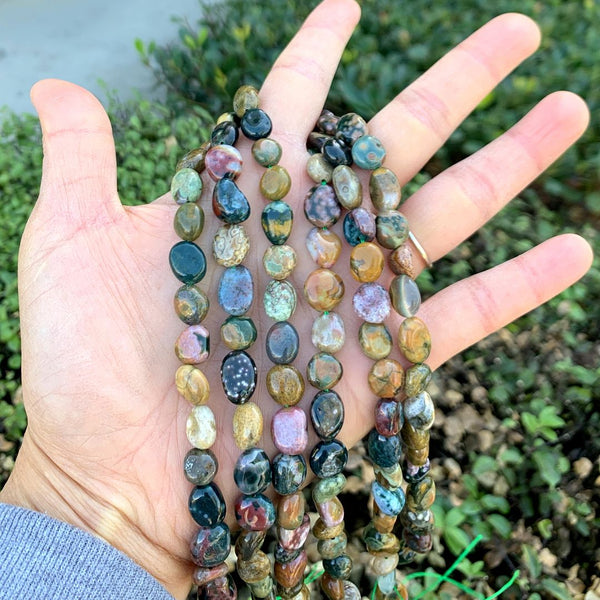 Natural Ocean Jasper Gemstone Oval Tumbled Pebble Beads, Irregular, 7mm to 10mm, Hole ID 1mm, 15 Inch/1 Strand, GZ12-41