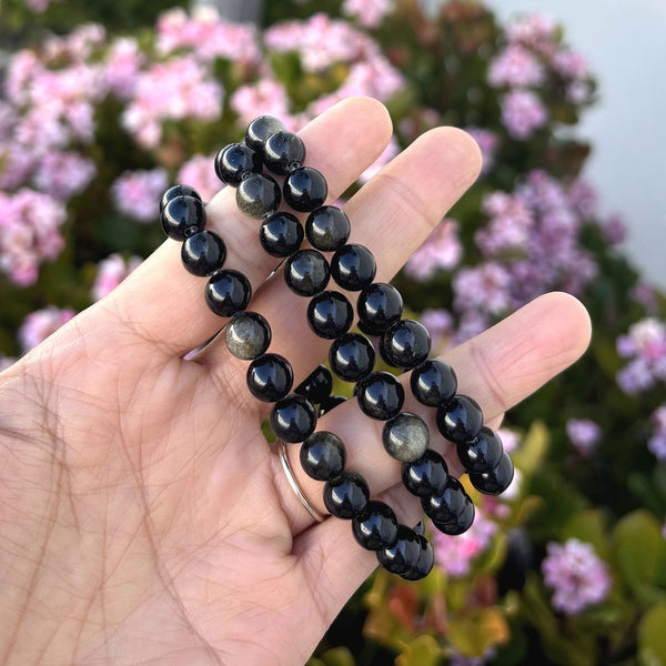 1 Strand Stretch Natural Gold Sheen Obsidian Beaded Gemstone Bracelet, 8mm Bead, Length Selections: 7 inch/7.5 inch/8 inch/8.5 inch