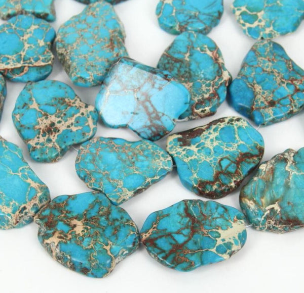 5pcs Natural Grade A Turquoise Blue Impression Aqua Terra Jasper Beads, Large Flat Slab Gemstone Beads, Smooth Free Form, 15-45mm, Hole ID 1mm, GX7