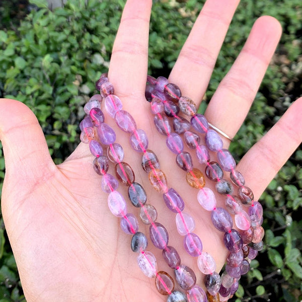 Natural Purple Rutilated Quartz Gemstone Oval Tumbled Pebble Beads, Irregular, 7mm to 10mm, Hole ID 1mm, 15 Inch/1 Strand, GZ12-35