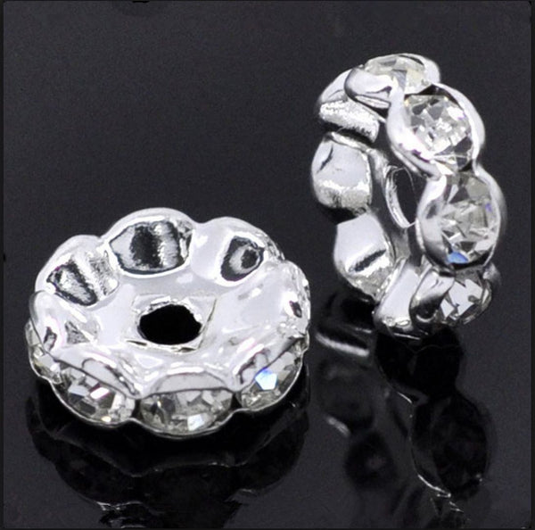 100pcs Grade A Wavy Flower Rhinestone Rondelle Beads, Clear Rhinestone, Sterling Silver Plated Brass, Size Selections: 4mm/6mm/8mm/10mm/12mm